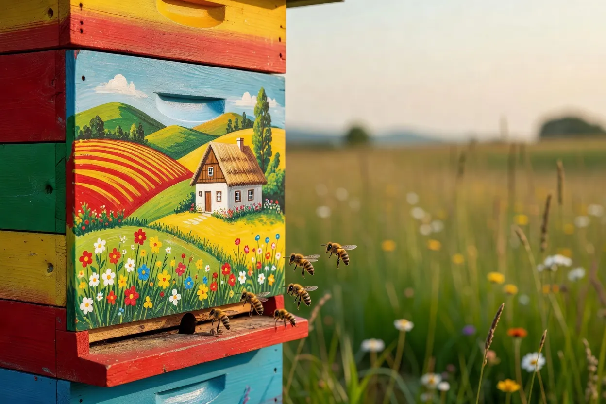 Planchette de ruche peinte aux couleurs vives sur la façade d’un rucher de la campagne slovène, abeilles près de l’entrée