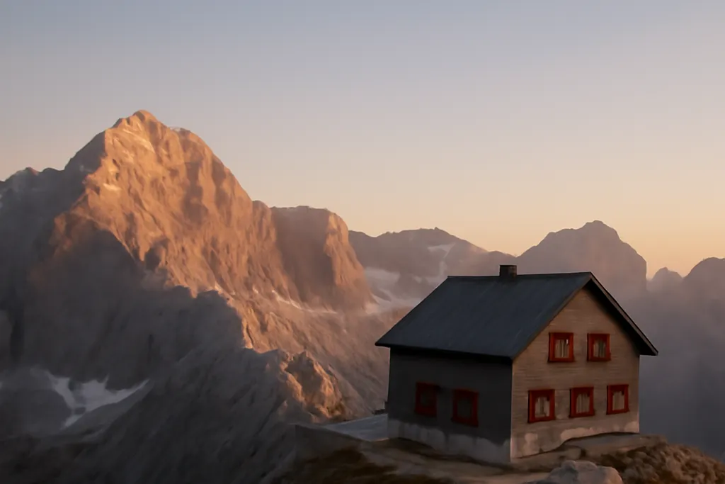Refuge de haute montagne perché sur une crête calcaire des Alpes juliennes au crépuscule, neige résiduelle alentour
