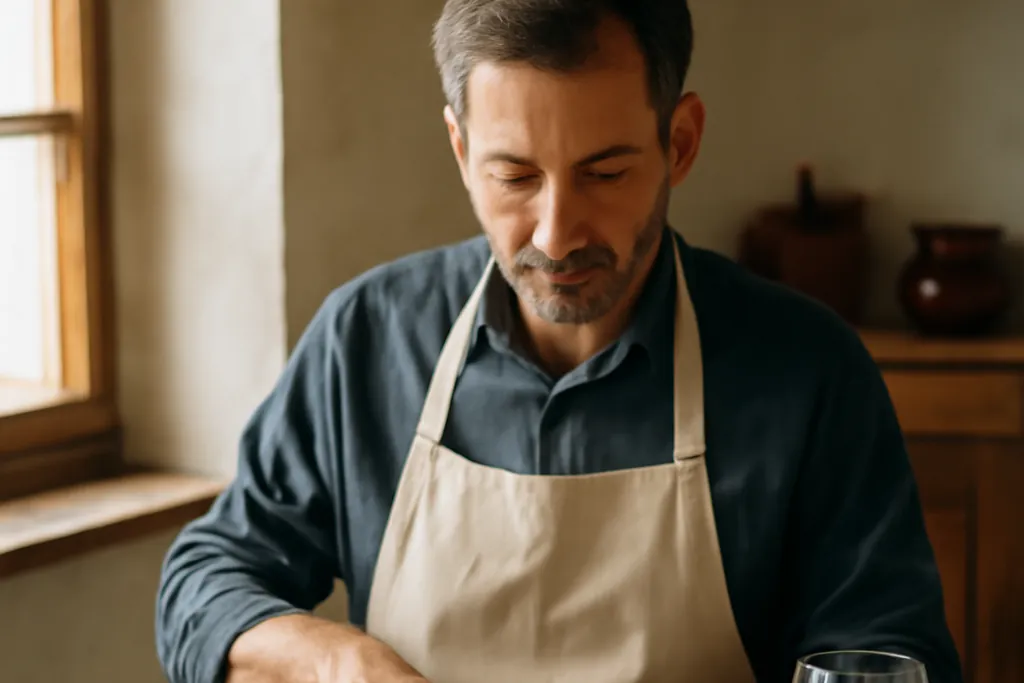 Homme en tablier tranchant une saucisse fumée sur une planche en bois, avec pain, moutarde et verre de vin rouge
