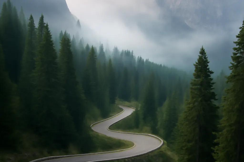 Lacets d’une route de col pavée de pierre montant à travers la forêt de sapins vers des sommets calcaires dans la brume