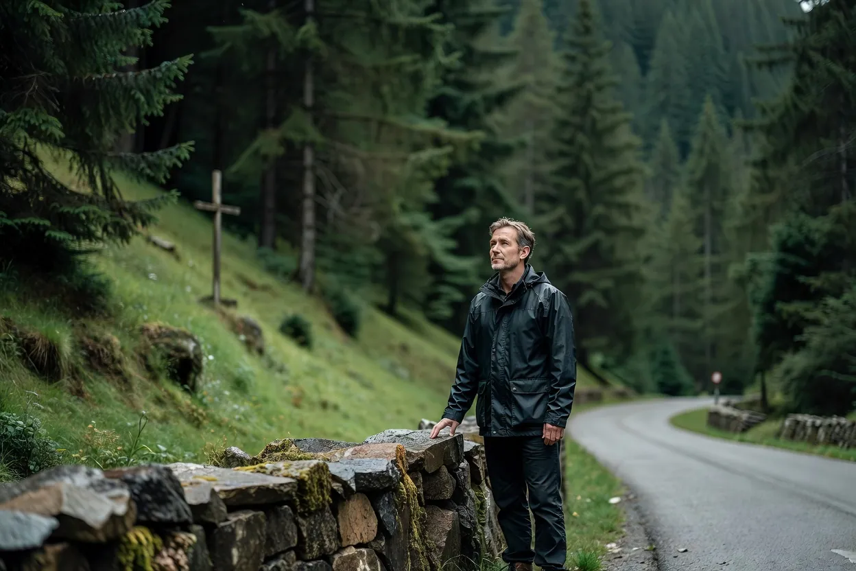 Visiteur en veste de pluie recueilli au bord de la route, devant un versant boisé où se dresse une petite croix