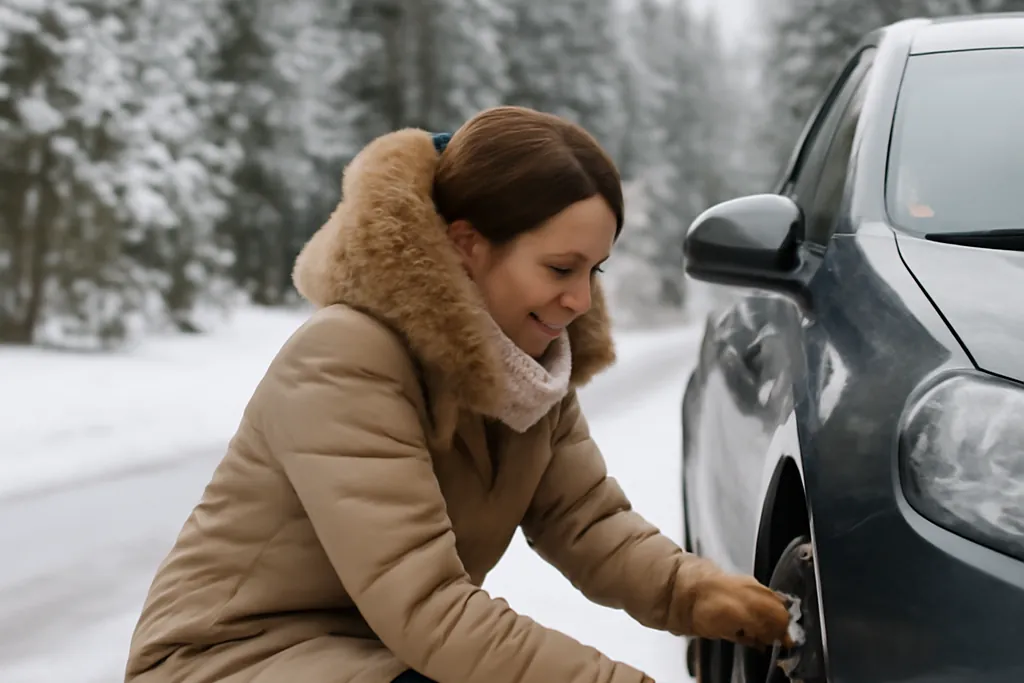 Conductrice en manteau d’hiver montant une chaîne à neige sur la roue avant de sa voiture, forêt alpine enneigée