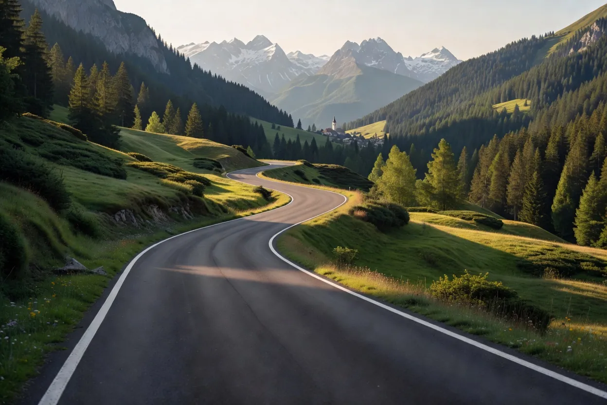 Route de montagne déserte dans les Alpes slovènes au lever du soleil, village et clocher au loin