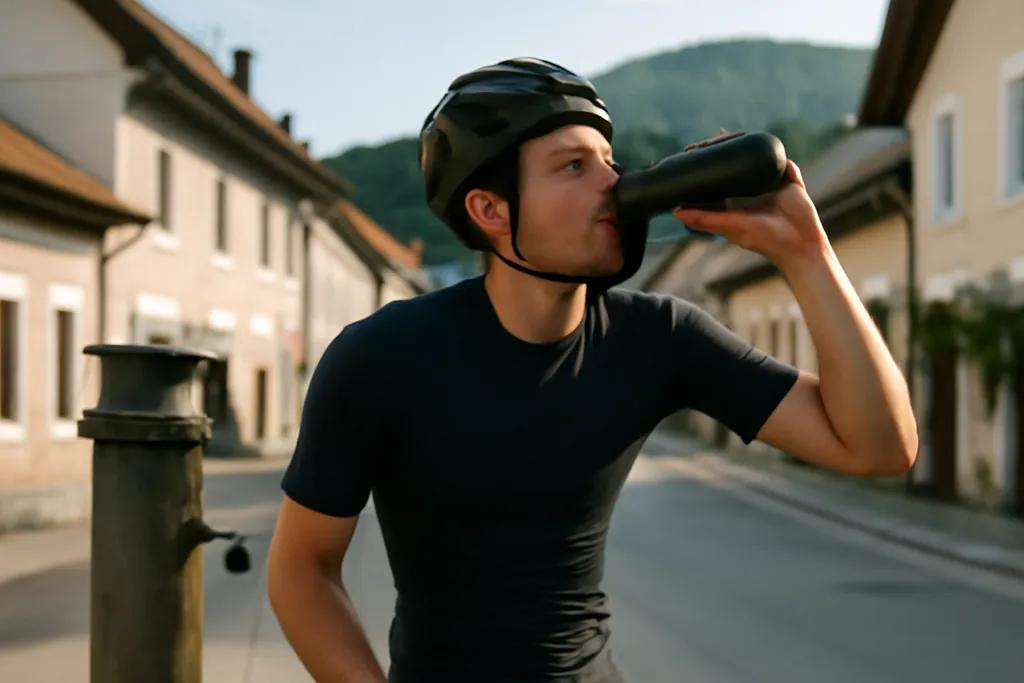 Jeune cycliste en maillot noir uni s’arrêtant à une fontaine de village avec son vélo