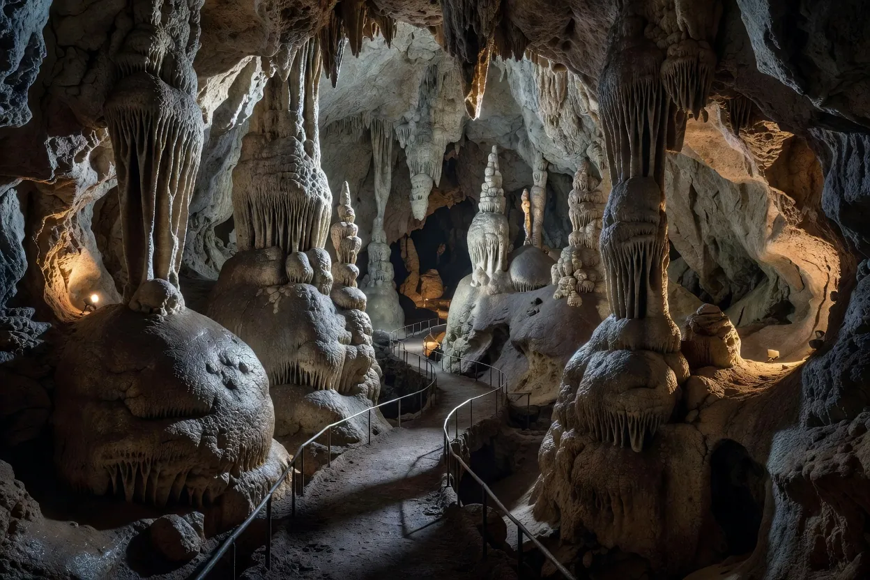 Galerie d’une grande grotte calcaire éclairée, stalactites et stalagmites au-dessus d’un sentier balisé