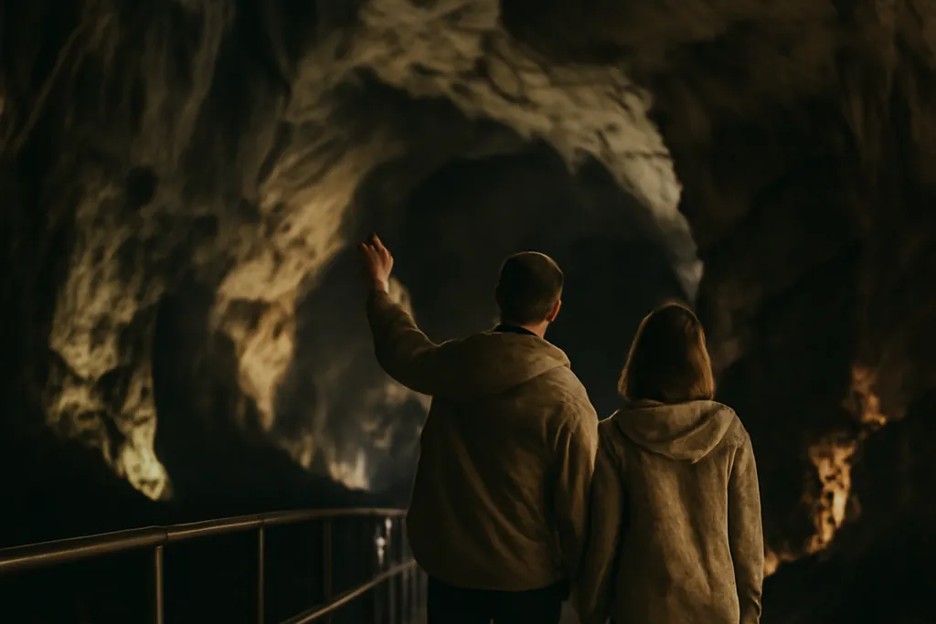 Couple de visiteurs en veste légère marchant sur un sentier balisé sous la voûte d’une grotte