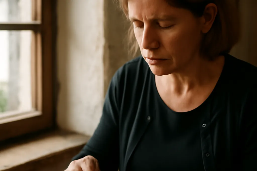 Dentellière au travail, mains sur les fuseaux de bois d’un coussin, près d’une fenêtre d’atelier