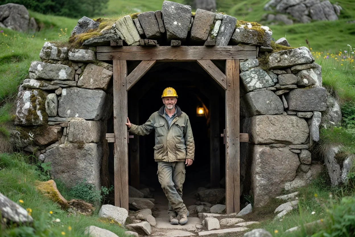 Visiteur casqué à l’entrée d’une ancienne galerie de mine boisée, voûte de pierre et lumière de lanterne