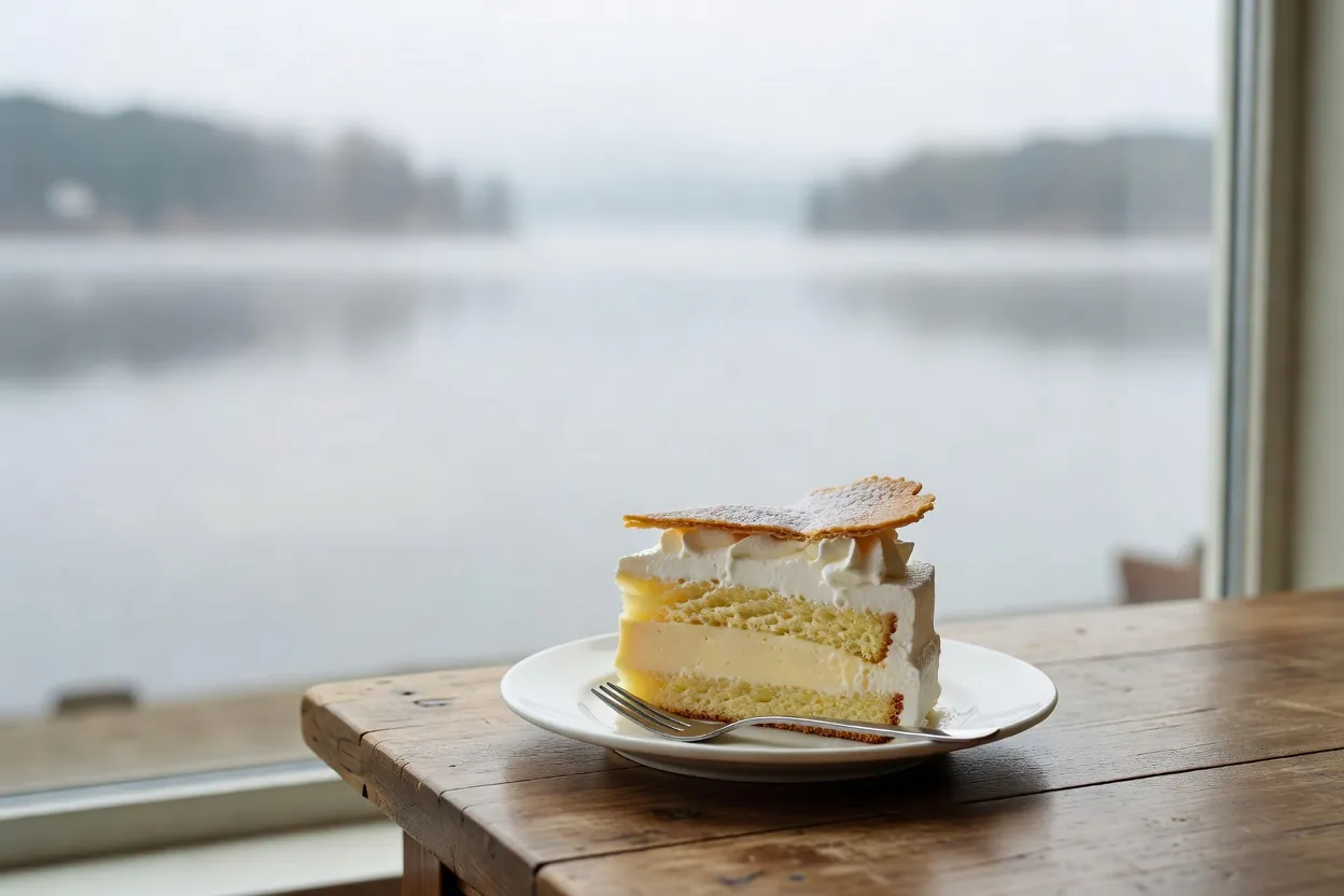 Part de gâteau à la crème vanille sur une assiette blanche, sur une table de café face à un lac embrumé