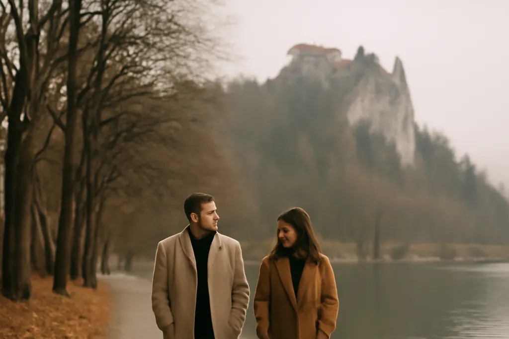 Couple en manteaux d’automne marchant sur le chemin du lac, avec le château perché sur la falaise au fond