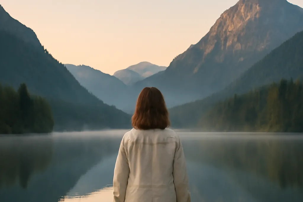 Femme debout sur un ponton à l’aube face à un lac alpin calme, reflets des montagnes boisées dans la brume