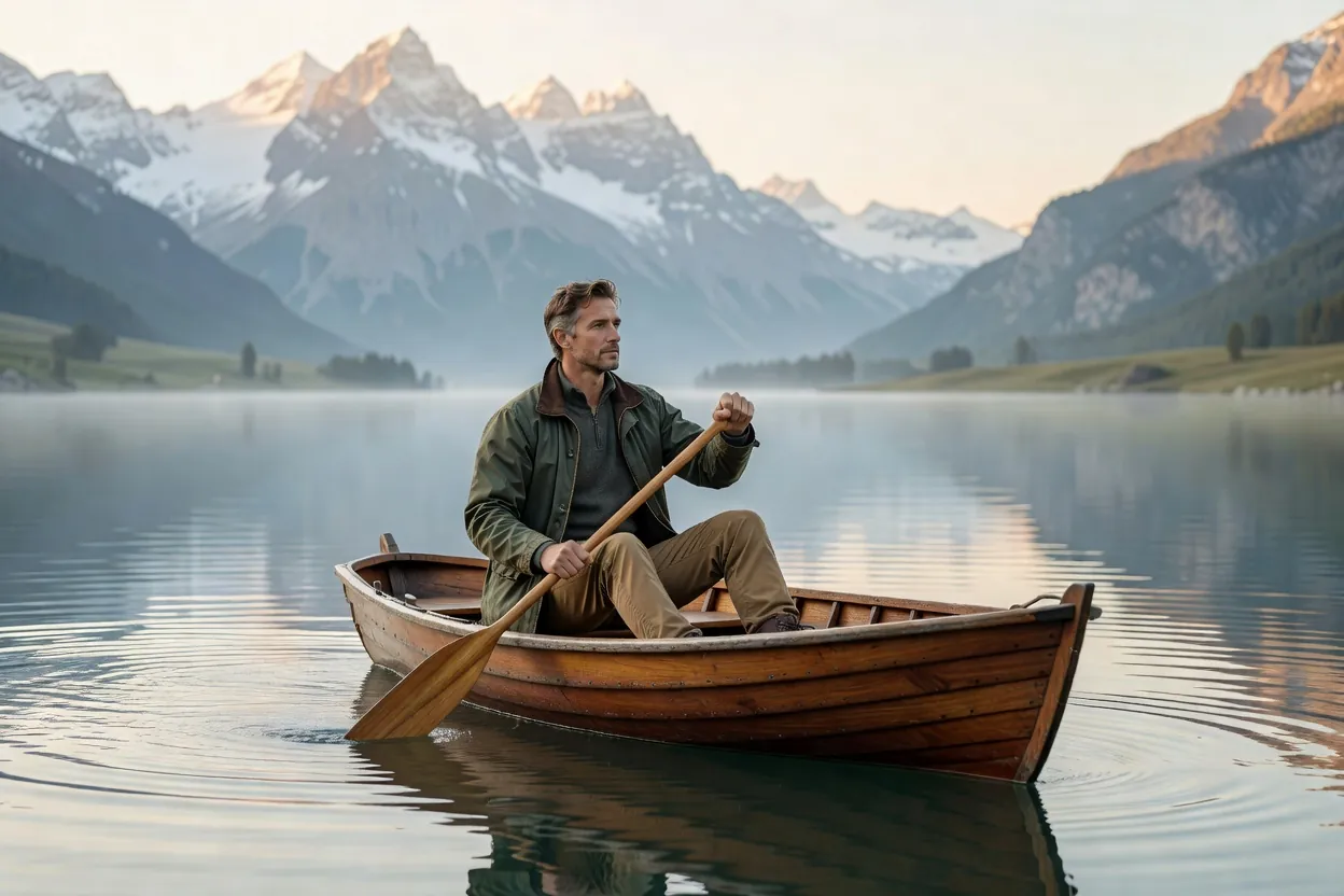 Homme en tenue de plein air ramant sur un lac alpin calme, grandes montagnes au fond