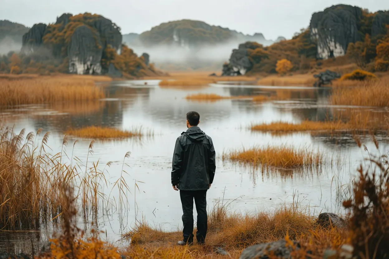 Promeneur en veste de pluie au bord d’une dépression karstique partiellement inondée, roseaux et brume légère