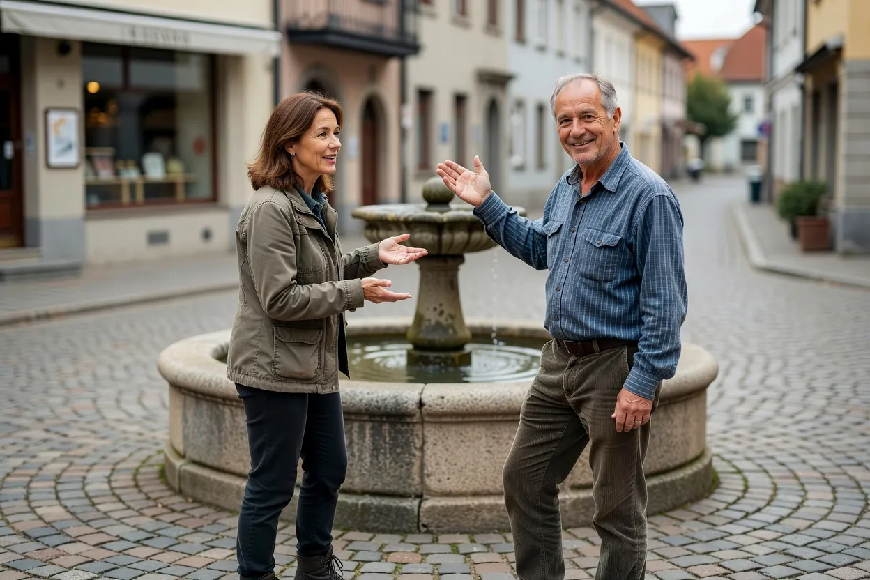 Voyageuse demandant son chemin à un habitant souriant devant la fontaine d’une petite place de ville