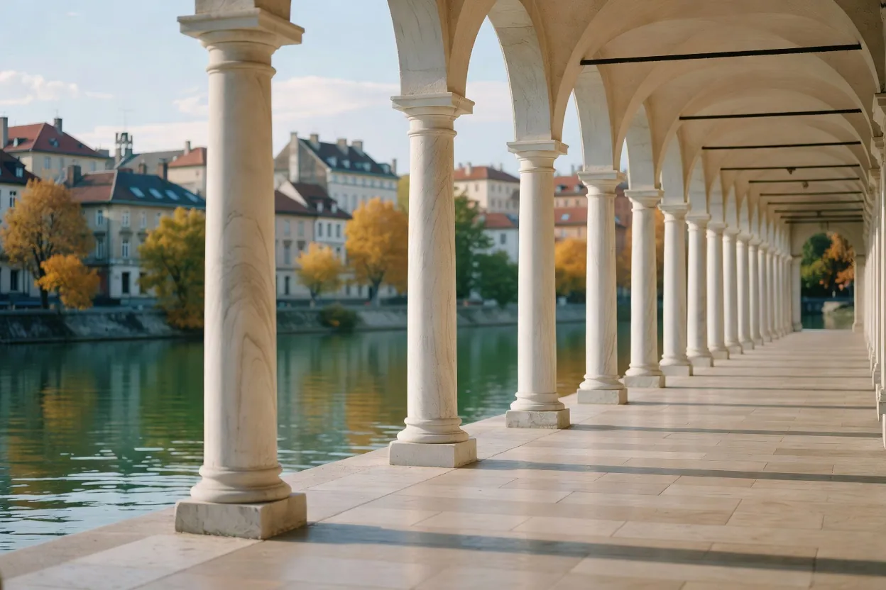 Arcades à colonnes blanches le long d’une rivière calme, lumière d’automne, toits de la ville au fond
