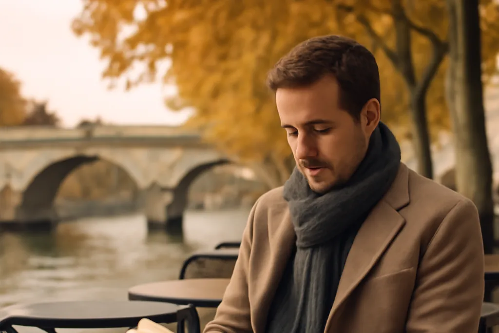 Homme en manteau lisant à une table de café sur la promenade bordée d’arbres, pont de pierre en arrière-plan