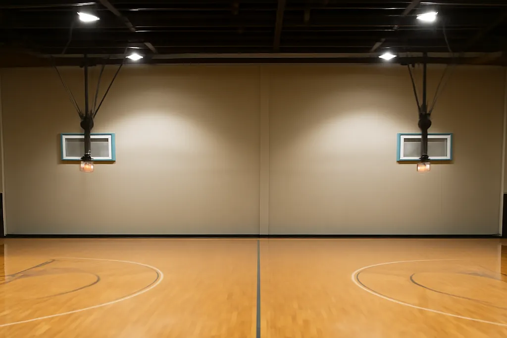 Salle de basket vide vue des gradins, parquet brillant et paniers éclairés par les projecteurs