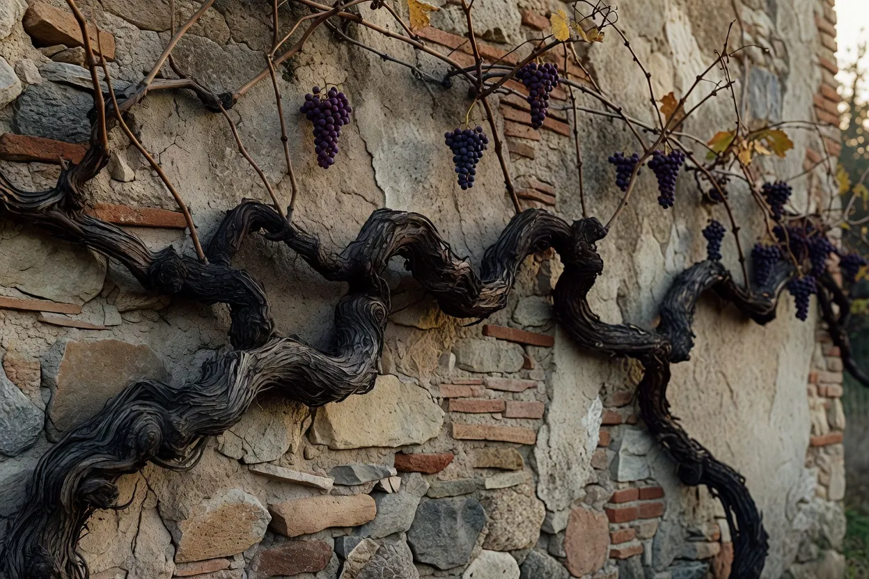 Tronc noueux de très vieille vigne contre un mur ancien, quelques grappes sombres mûres, lumière d’automne