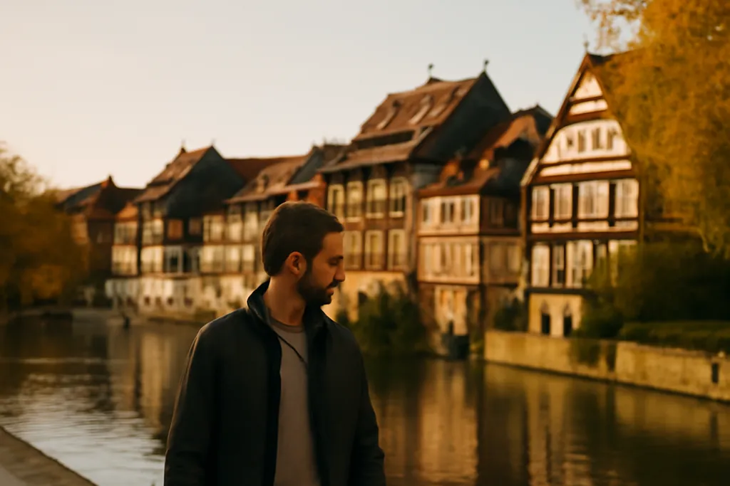 Promeneur en veste sur un quai le long d’une rivière calme, vieilles maisons de berge dorées par l’automne