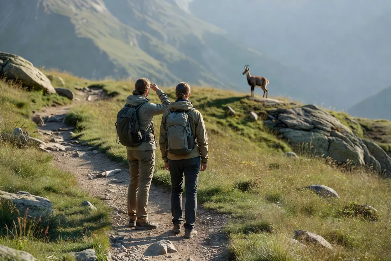 Deux randonneurs observant un chamois sur un versant lointain depuis un sentier de montagne