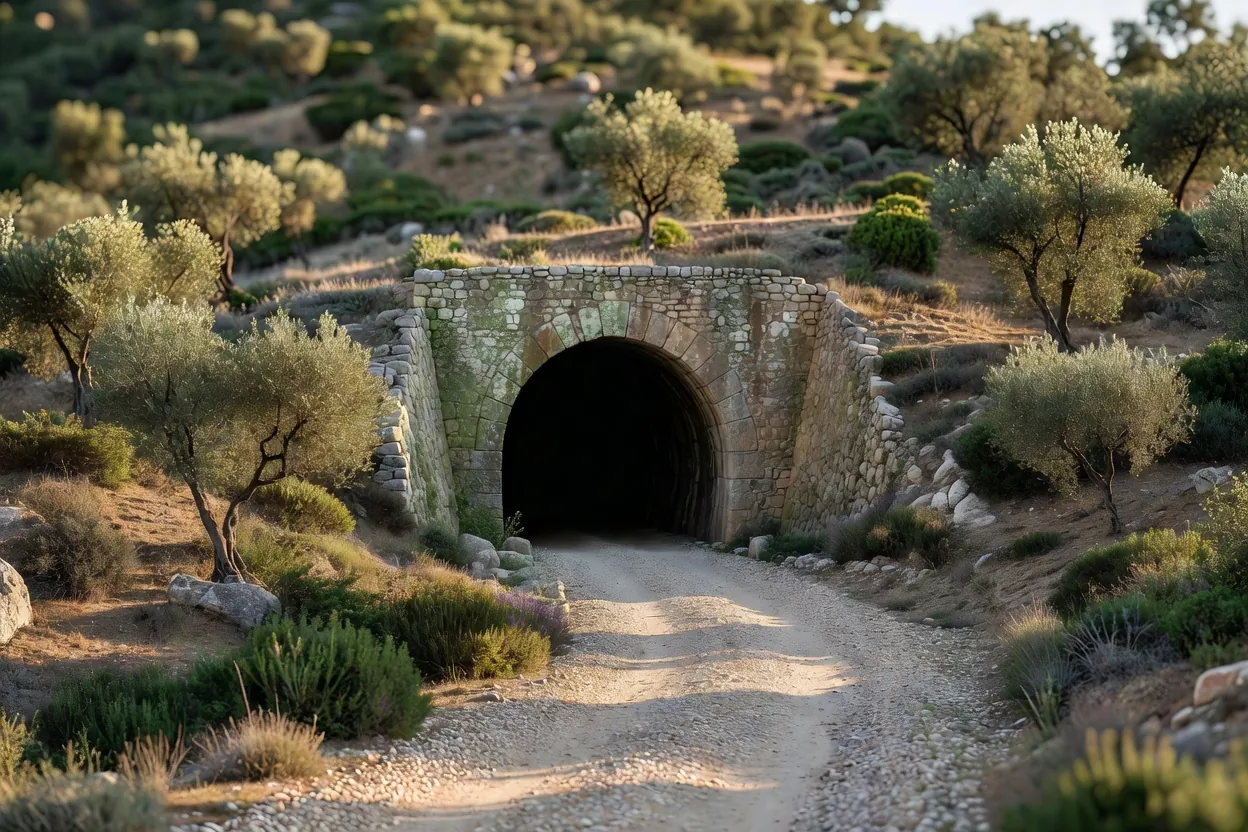 Entrée d’un ancien tunnel ferroviaire en pierre sur une piste de gravier, entre oliviers et collines méditerranéennes