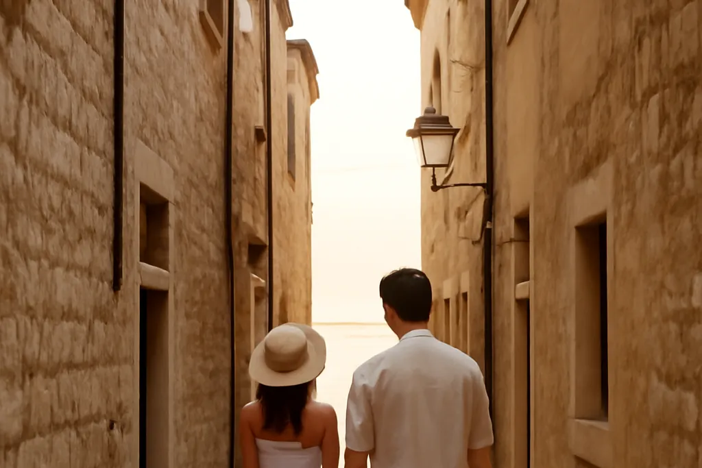 Couple marchant dans une ruelle pavée entre de hautes maisons de pierre claire, la mer au bout de la perspective