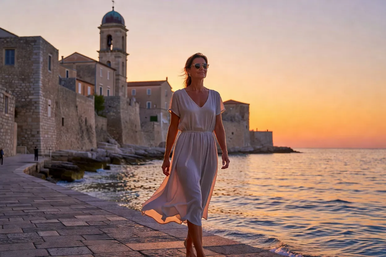 Promeneuse en robe d’été sur le front de mer, remparts et clocher de la vieille ville au coucher du soleil