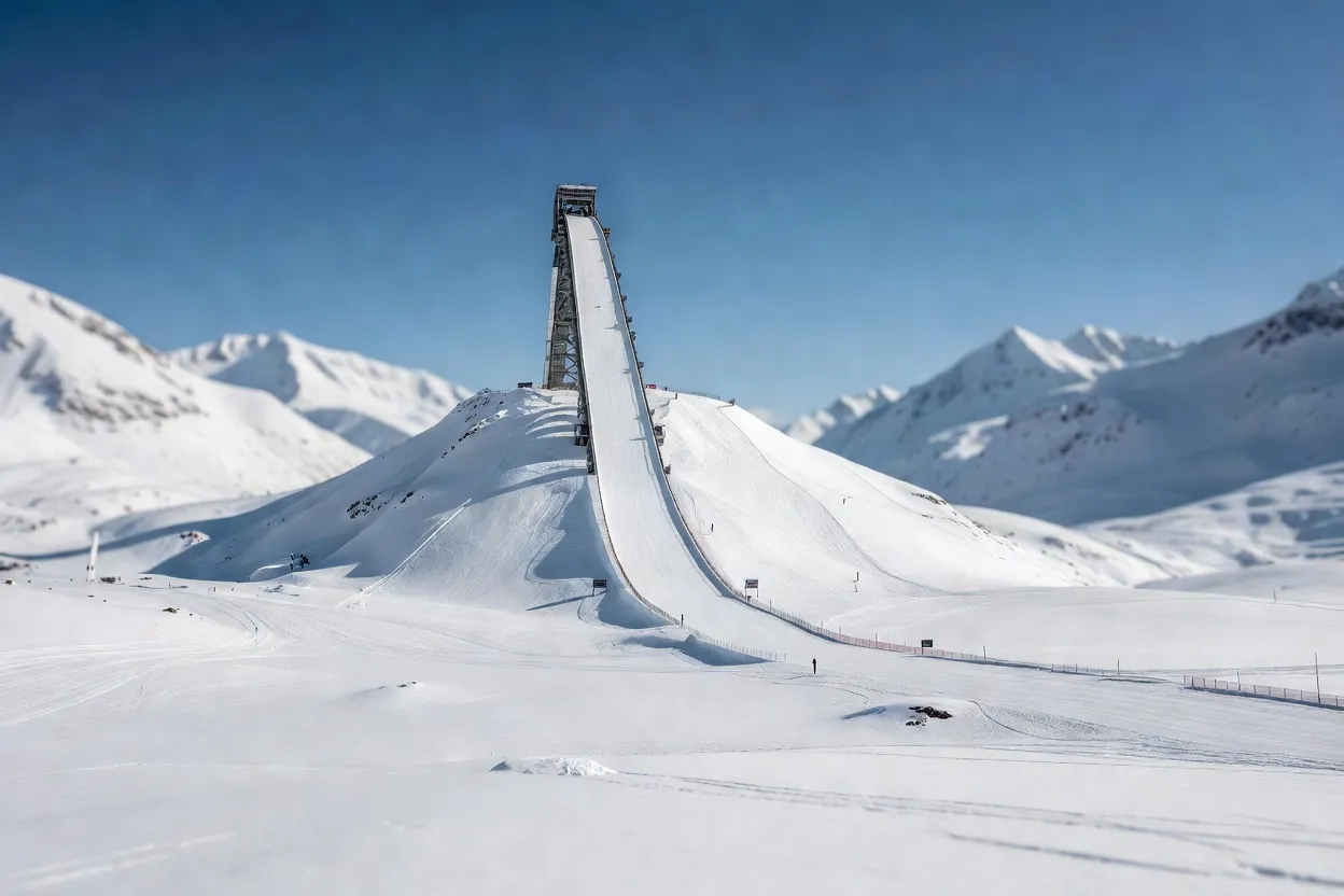 Immense tremplin de vol à ski dans une vallée alpine enneigée, sous un ciel d’un bleu limpide