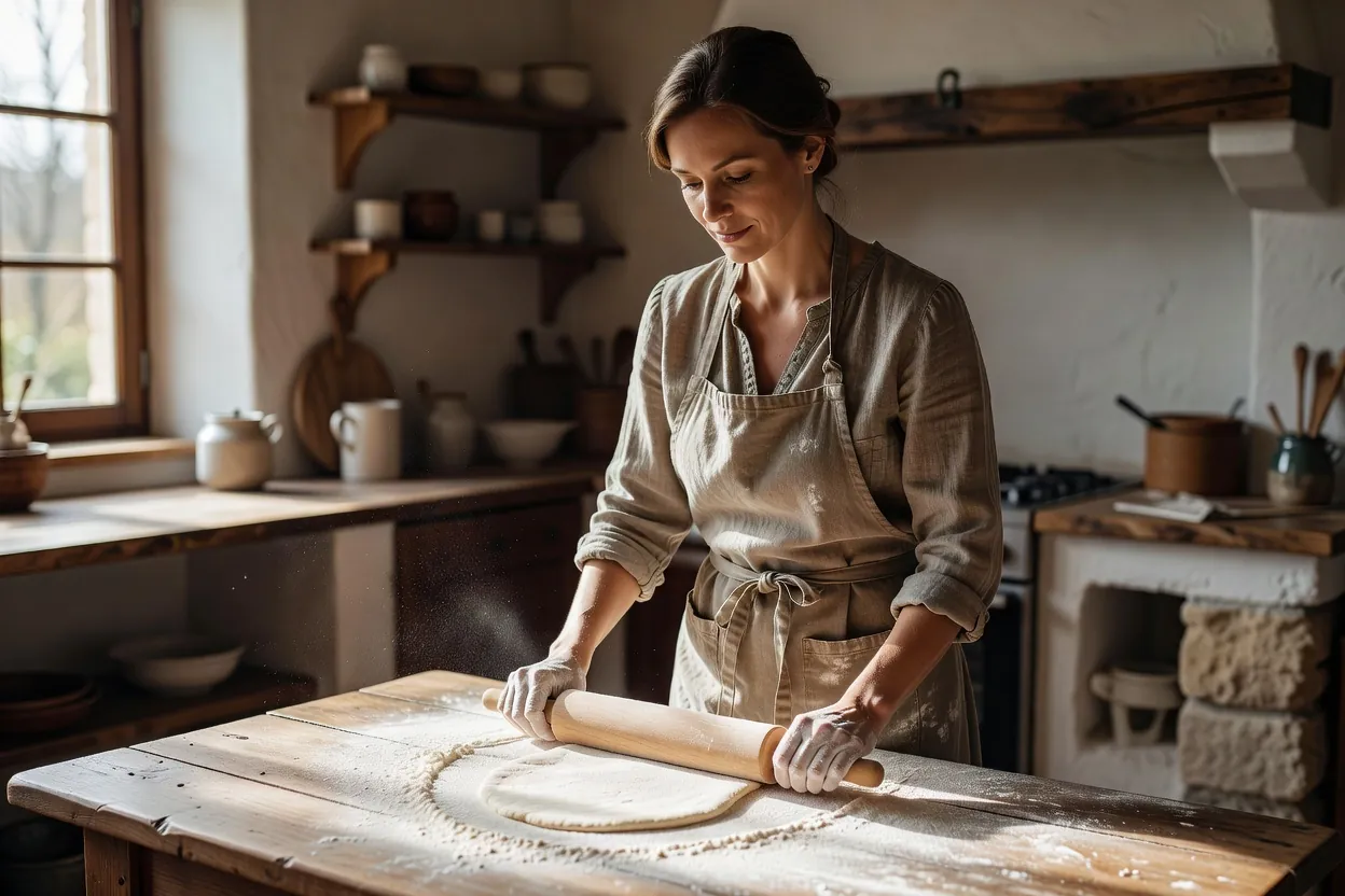 Femme en tablier étalant une pâte fine à la main sur une table farinée dans une cuisine de ferme