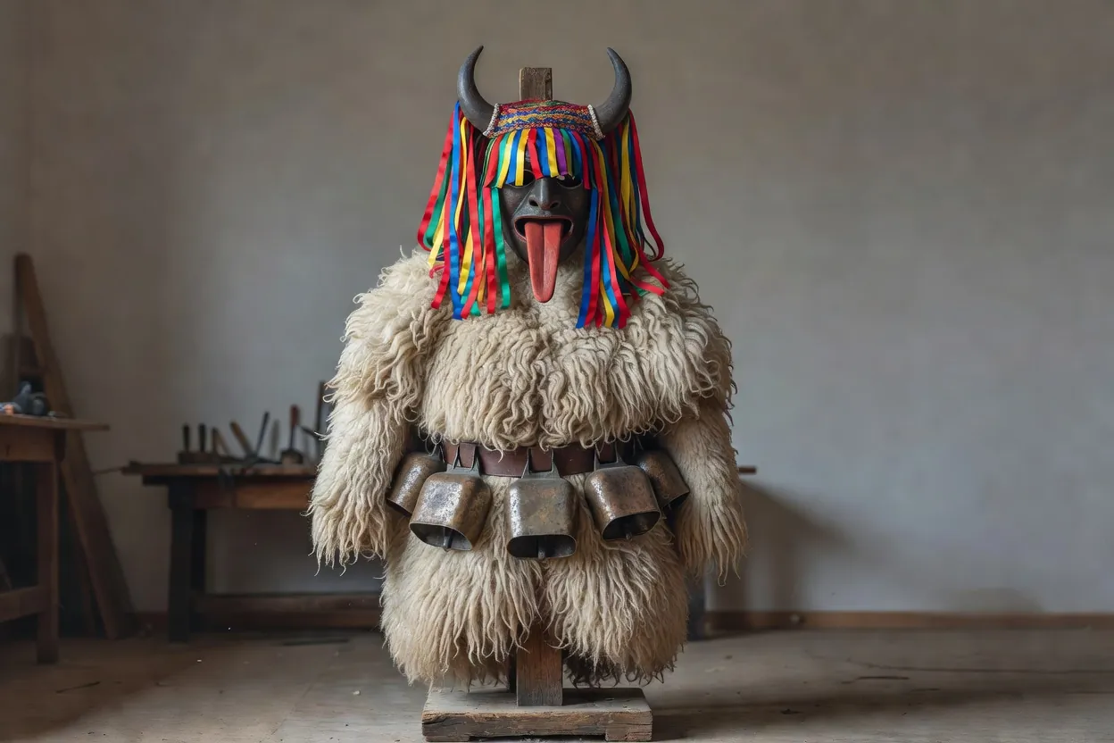 Costume de kurent sur un support de bois : peau de mouton, masque à longue langue rouge, rubans et grosses cloches