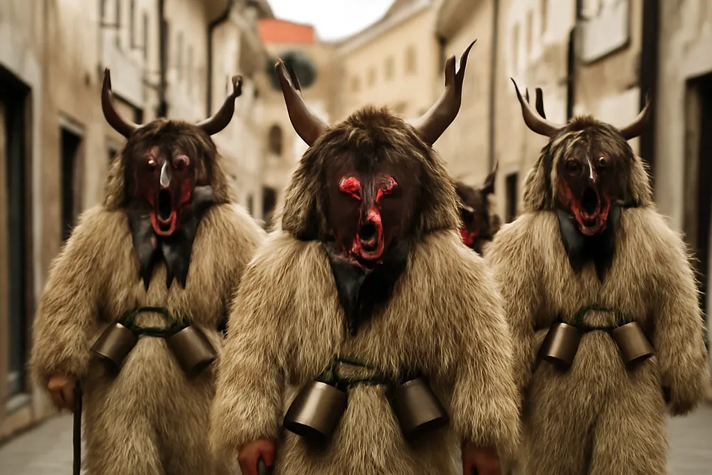 Groupe de kurents en costume de peau de mouton et masques à cornes avançant dans une rue de la vieille ville