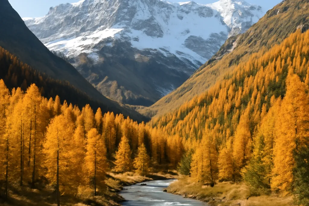 Vallée alpine en début d’automne, mélèzes dorés et premières neiges sur les hauts sommets