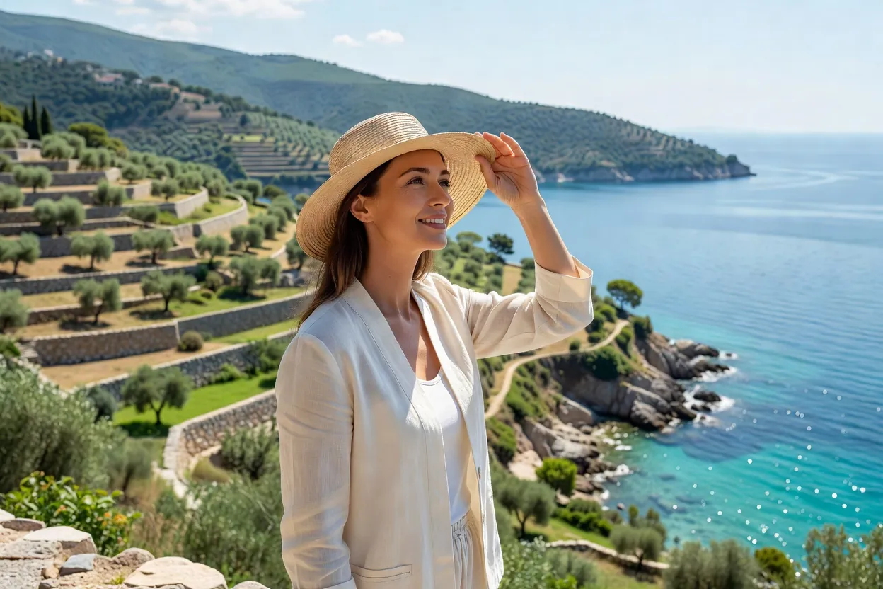 Femme en veste légère et chapeau de soleil sur un belvédère côtier dominant des collines en terrasses et la mer