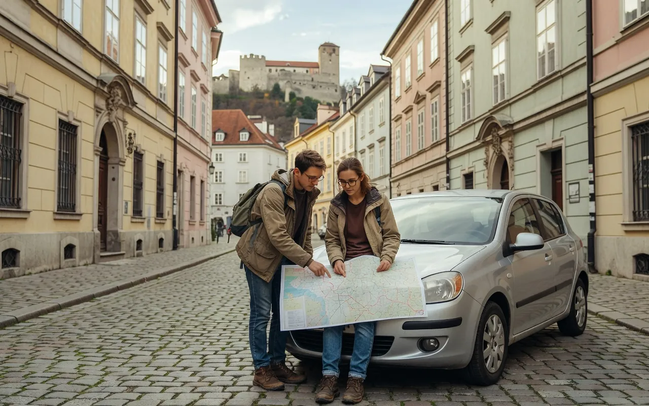 Couple de voyageurs consultant une carte routière de Slovénie appuyés contre leur voiture de location, ruelle pavée du centre de Ljubljana