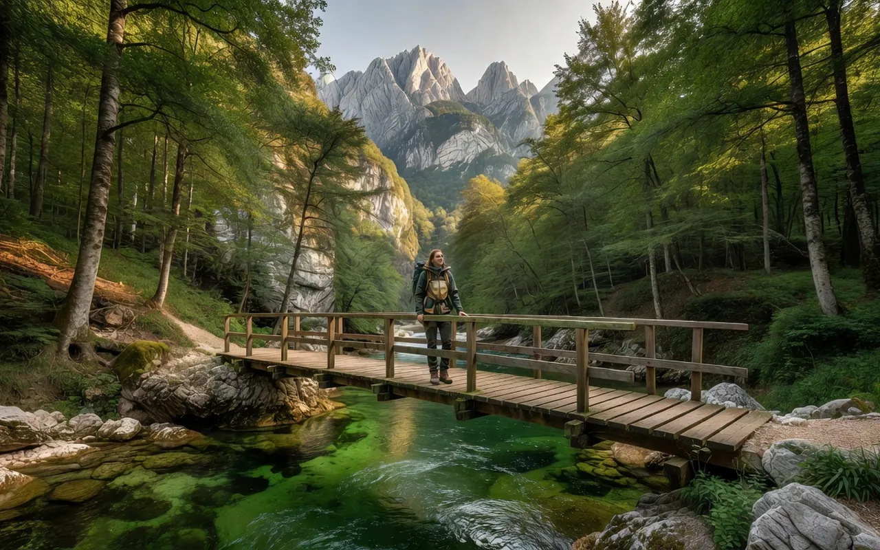 Randonneuse en gilet de sécurité sur un pont de bois au-dessus de la rivière Soča d’un vert émeraude, forêt de hêtres et pics calcaires