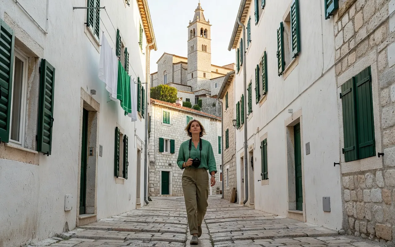 Voyageuse avec un appareil photo marchant dans une ruelle blanche de Piran, église Saint-Georges au sommet de la colline en arrière-plan