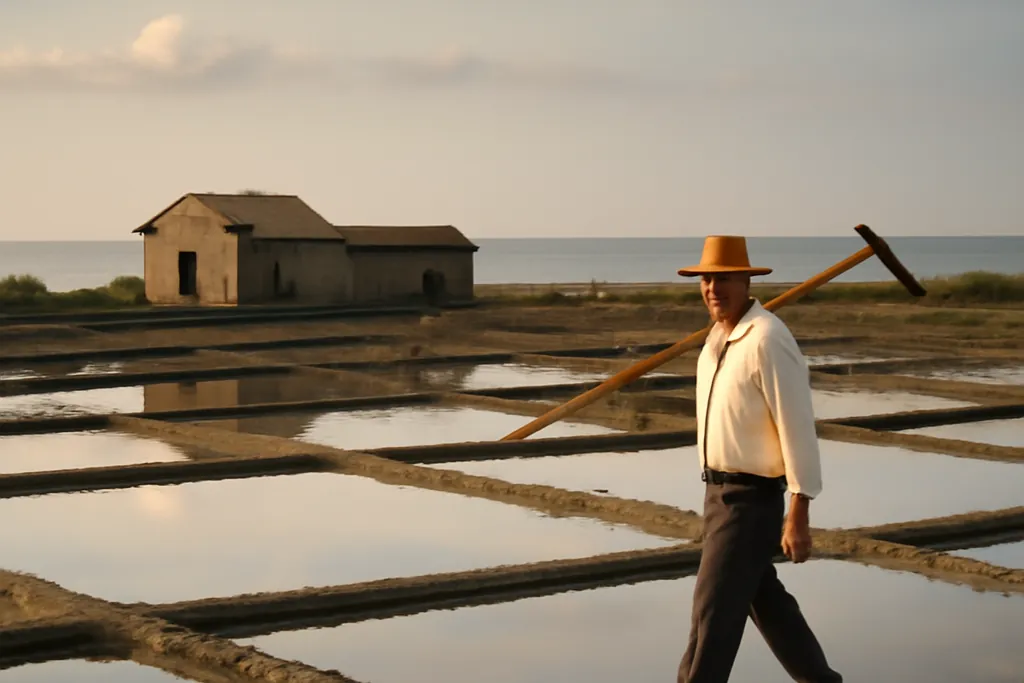 Marais salants aux bassins géométriques, saunier à chapeau de paille marchant sur une digue avec un râteau