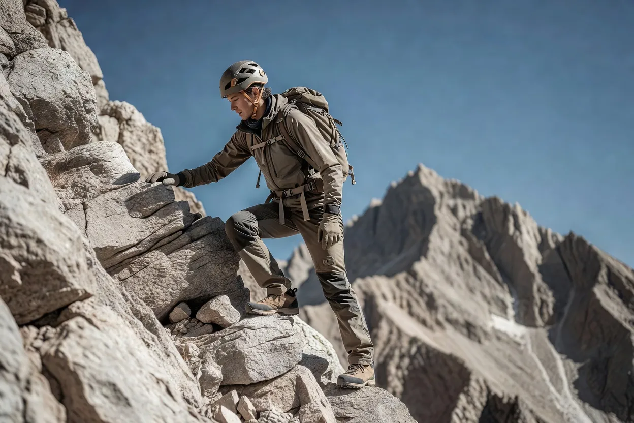 Alpiniste casqué progressant en escalade facile sur des vires calcaires, avec une crête et le vide derrière lui