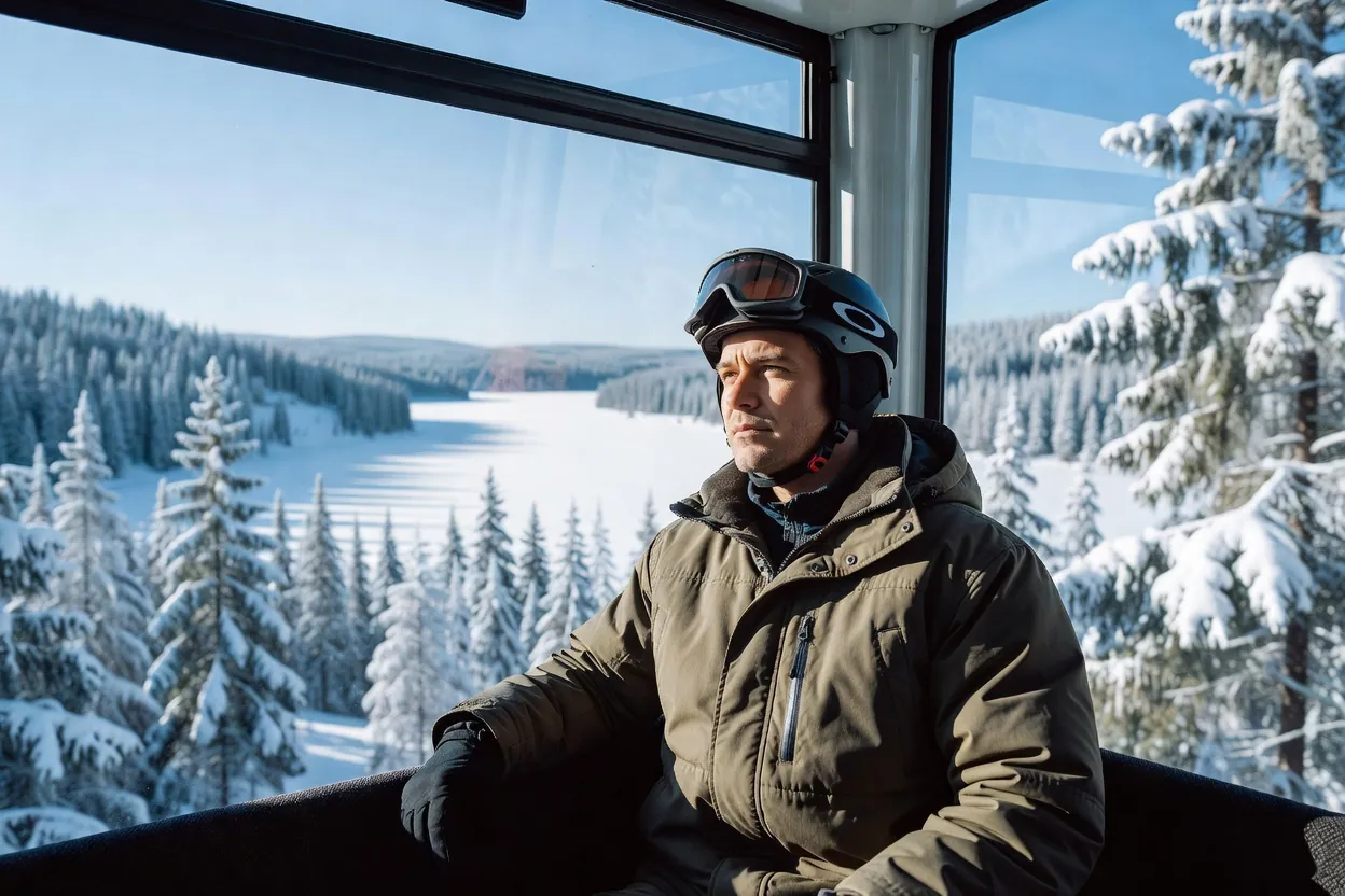 Skieur casqué assis dans une cabine de télécabine, vallée enneigée et lac gelé sous lui