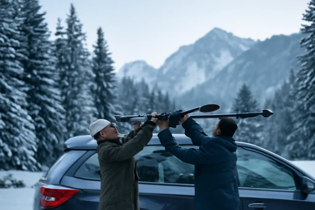 Couple en tenue d’hiver fixant des skis sur le toit d’une voiture, au bord d’un parking enneigé de montagne