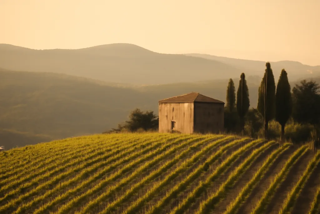 Rangs de vigne en coteau avec petite ferme de pierre et cyprès, lumière dorée de fin d’après-midi