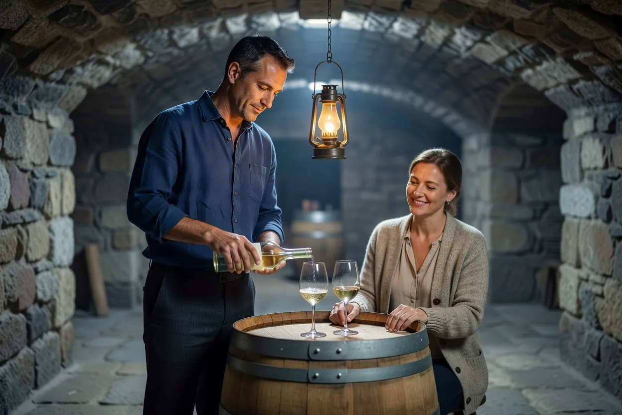 Vigneron versant du vin blanc dans des verres posés sur un tonneau, dans une cave de pierre éclairée