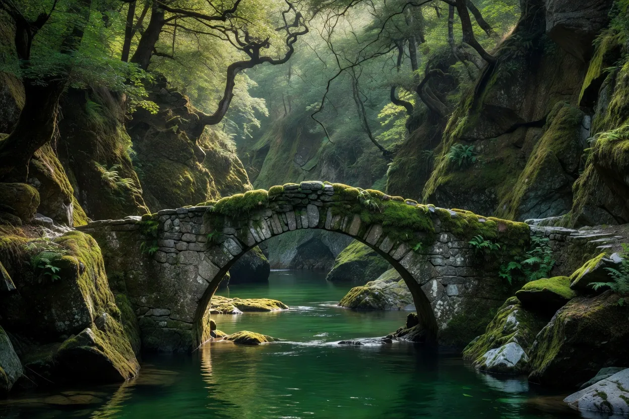 Vieux pont de pierre en arc enjambant une rivière émeraude dans une gorge aux rochers moussus