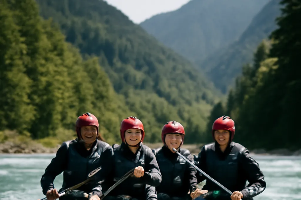 Équipage de rafting en casque et combinaison pagayant sur une rivière émeraude entre des montagnes boisées