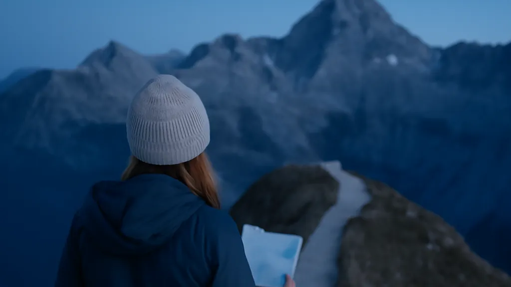Femme marchant sur un sentier de crête des Alpes juliennes, carte à la main, au petit matin