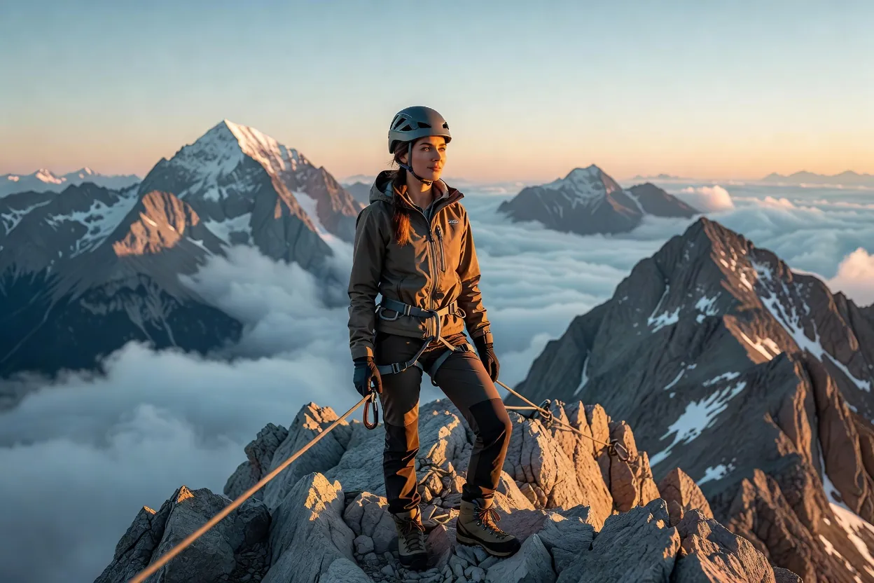 Jeune alpiniste casquée et longée à un câble sur une arête calcaire au lever du jour, mer de nuages en arrière-plan