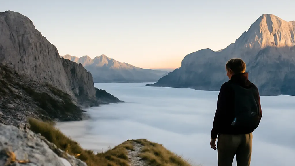 Sentier de randonnée balisé dans les Alpes juliennes au-dessus d’une vallée nuageuse