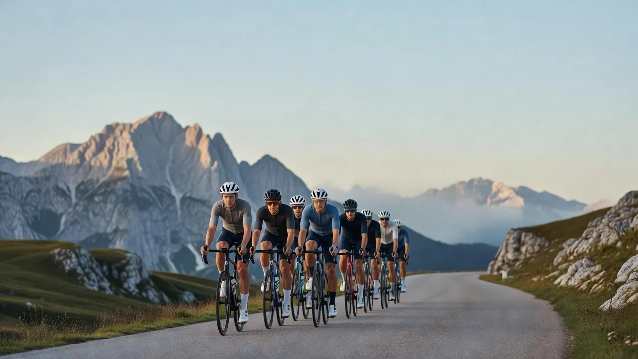 Petit groupe de coureurs cyclistes en file sur une route de montagne slovène au lever du jour, les Alpes juliennes en arrière-plan