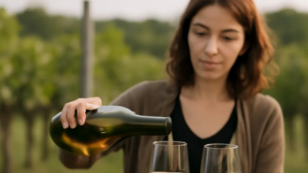 Vigneronne en train de vendanger dans un vignoble en terrasses de Slovénie, caisses de raisin au premier plan et collines boisées au loin