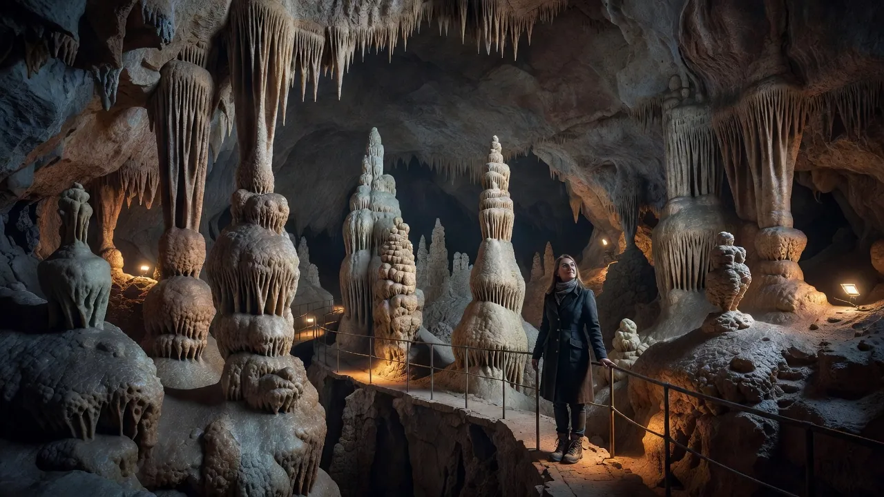 Visiteuse casquée devant l’immense salle Martel de Škocjan, balcon éclairé surplombant le canyon souterrain de la rivière Reka